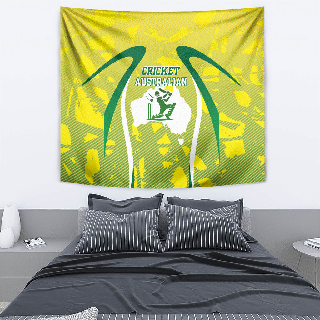 Cricket Australian Tapestry Map Silhouette With Green And Gold Geometric Pattern