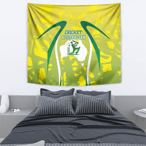 Cricket Australian Tapestry Map Silhouette With Green And Gold Geometric Pattern