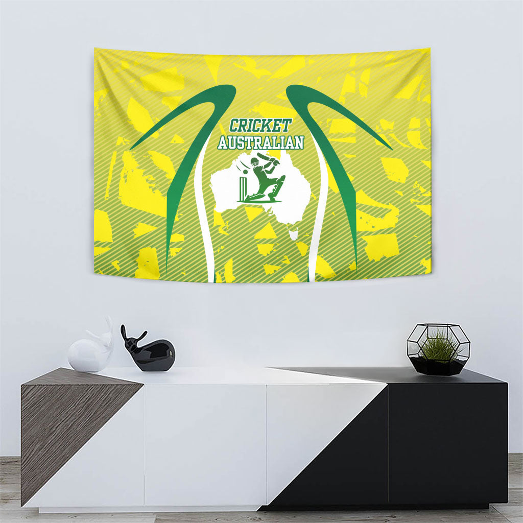 Cricket Australian Tapestry Map Silhouette With Green And Gold Geometric Pattern