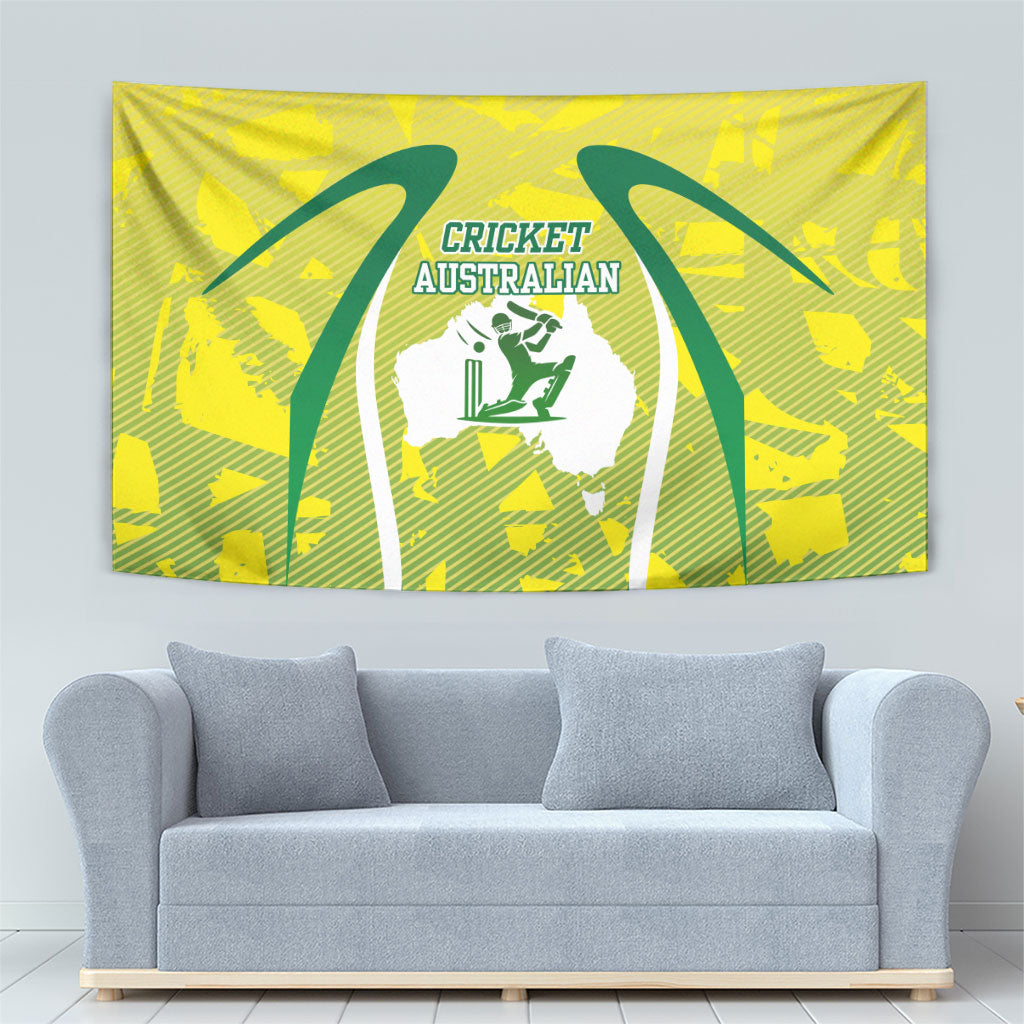 Cricket Australian Tapestry Map Silhouette With Green And Gold Geometric Pattern