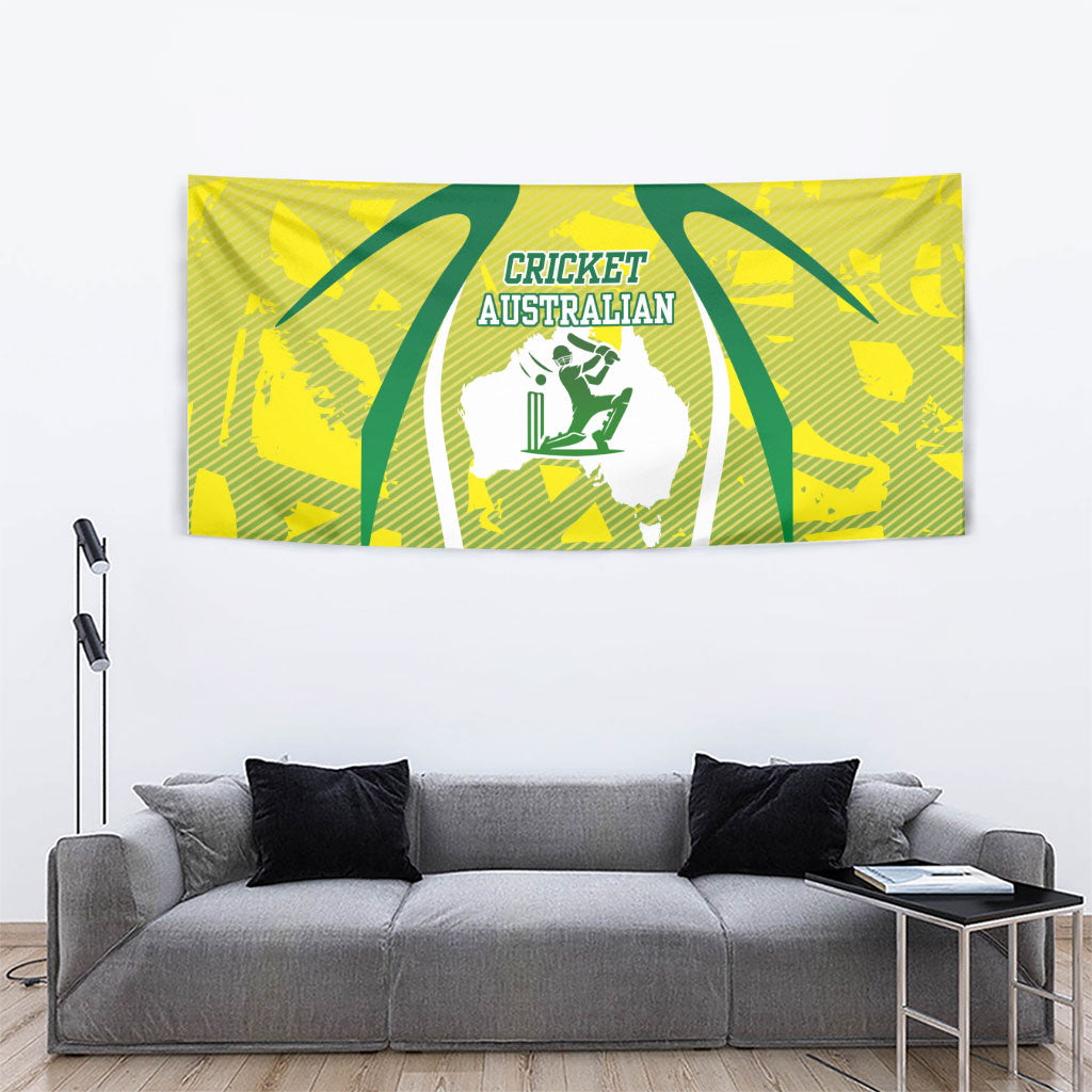 Cricket Australian Tapestry Map Silhouette With Green And Gold Geometric Pattern