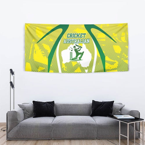 Cricket Australian Tapestry Map Silhouette With Green And Gold Geometric Pattern