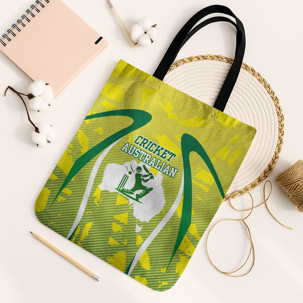 Cricket Australian Tote Bag Map Silhouette With Green And Gold Geometric Pattern