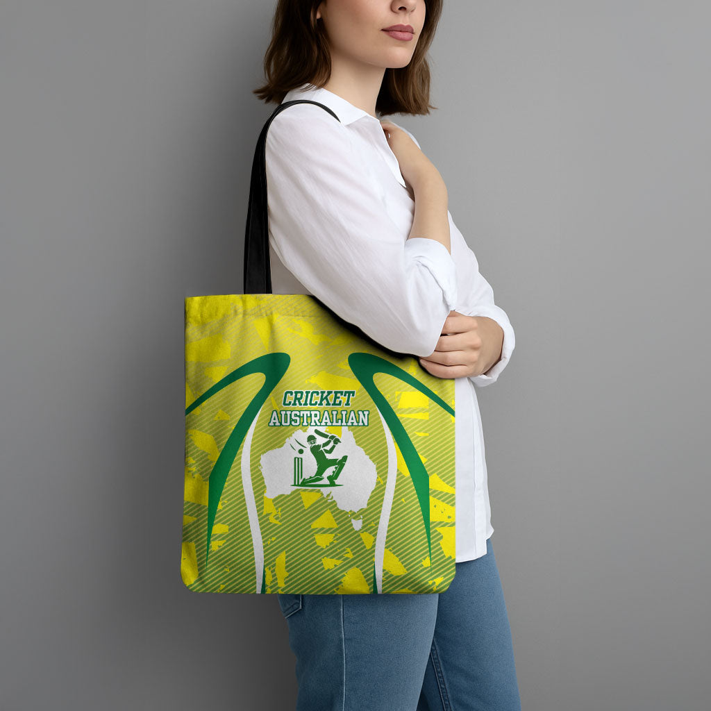Cricket Australian Tote Bag Map Silhouette With Green And Gold Geometric Pattern