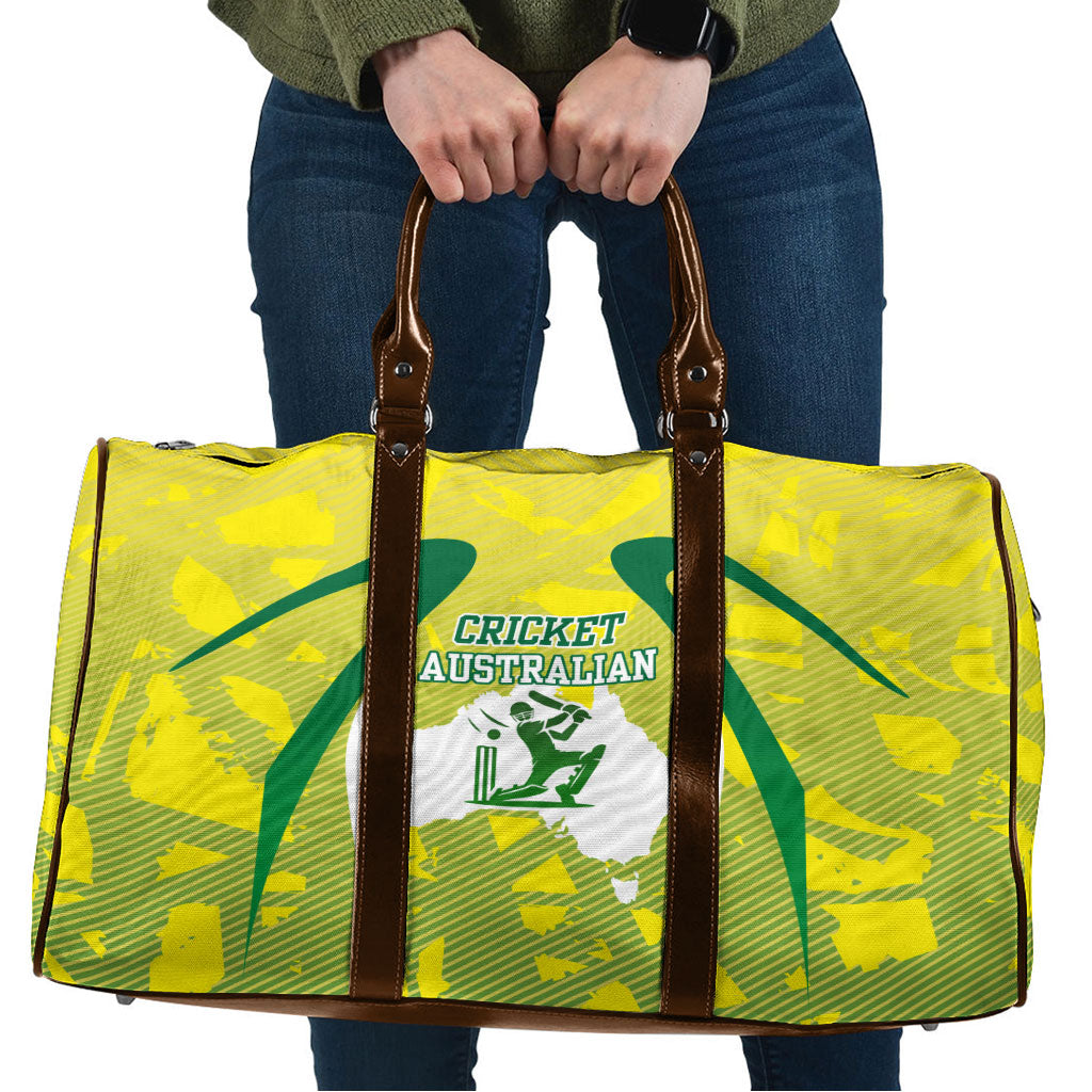 Cricket Australian Travel Bag Map Silhouette With Green And Gold Geometric Pattern