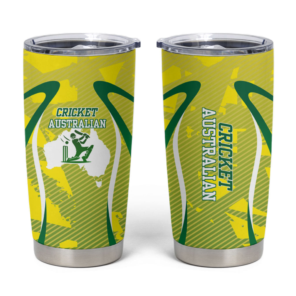 Cricket Australian Tumbler Cup Map Silhouette With Green And Gold Geometric Pattern