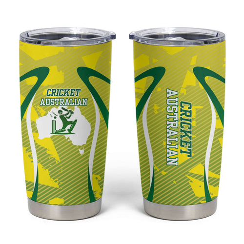 Cricket Australian Tumbler Cup Map Silhouette With Green And Gold Geometric Pattern