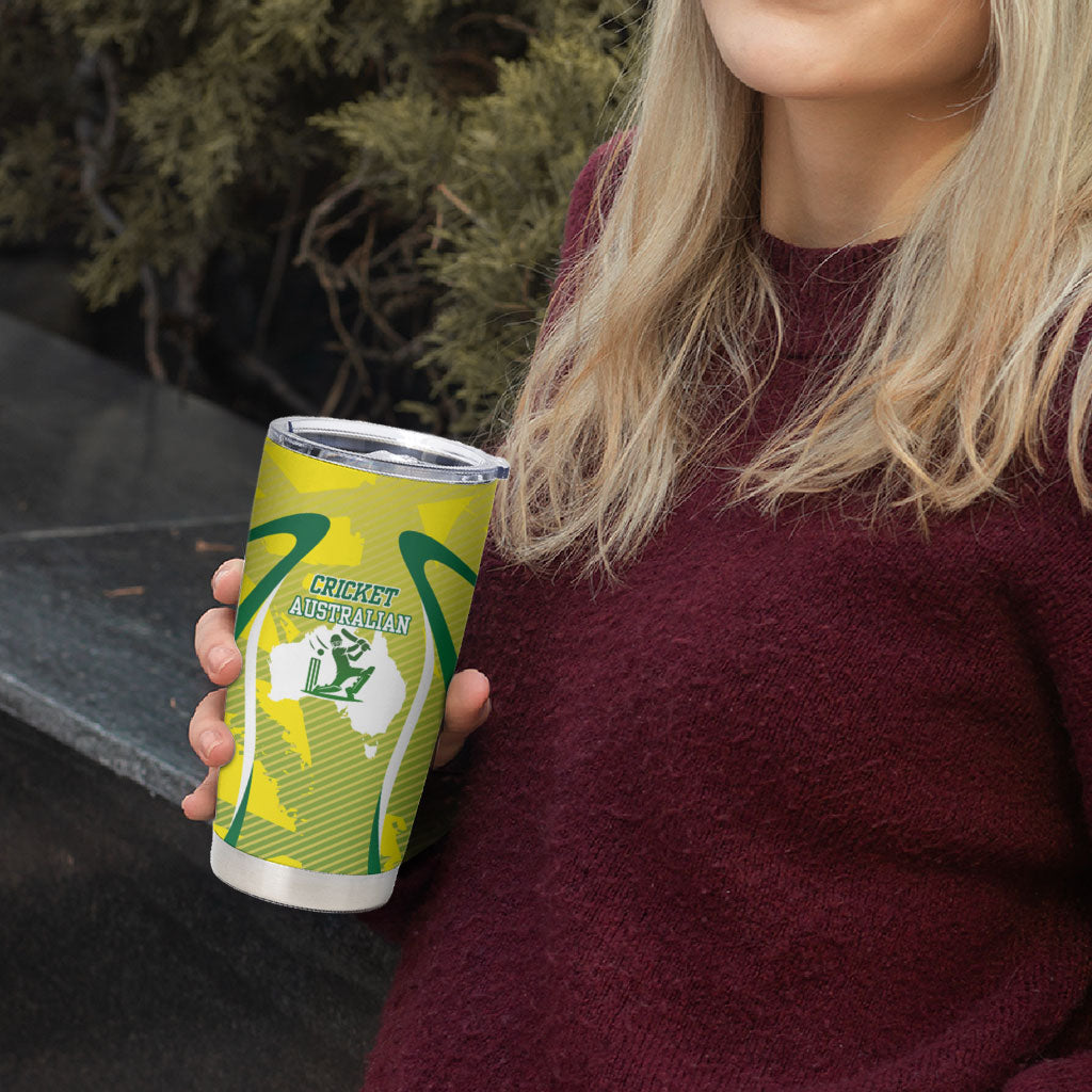 Cricket Australian Tumbler Cup Map Silhouette With Green And Gold Geometric Pattern