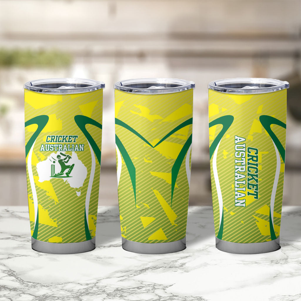 Cricket Australian Tumbler Cup Map Silhouette With Green And Gold Geometric Pattern
