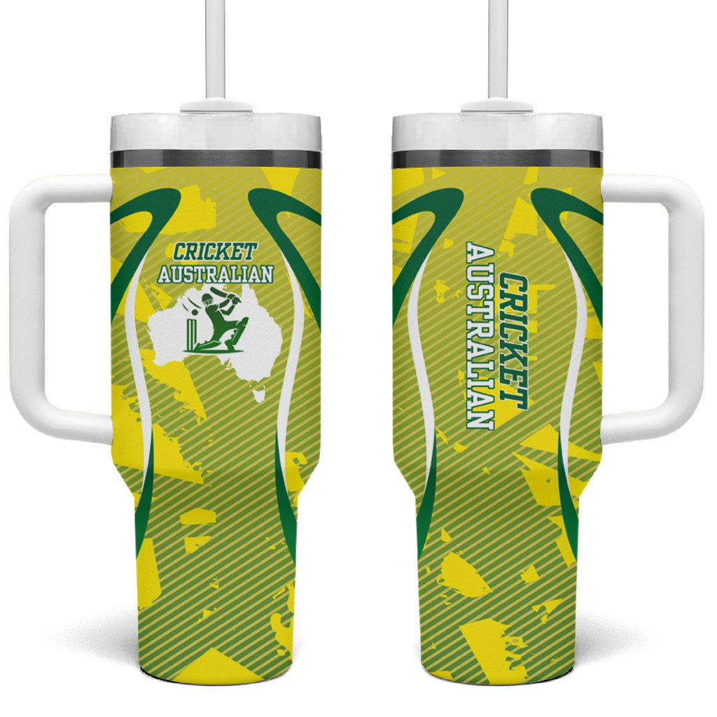 Cricket Australian Tumbler With Handle Map Silhouette With Green And Gold Geometric Pattern