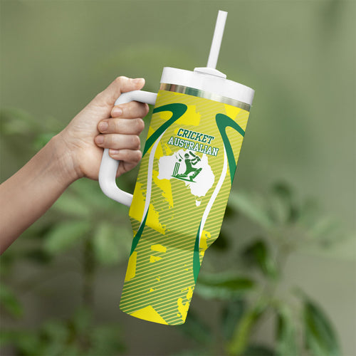 Cricket Australian Tumbler With Handle Map Silhouette With Green And Gold Geometric Pattern