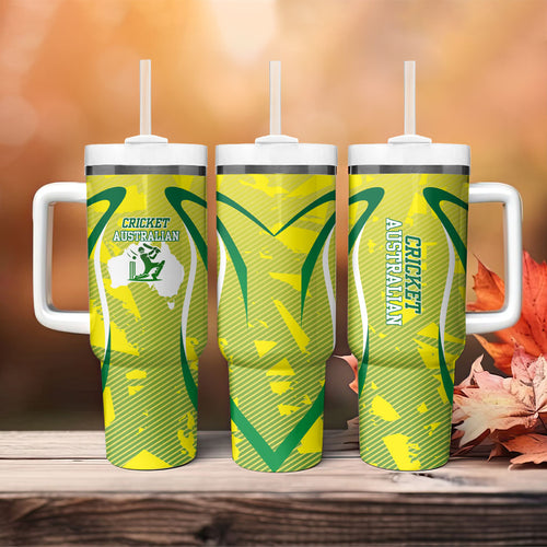 Cricket Australian Tumbler With Handle Map Silhouette With Green And Gold Geometric Pattern