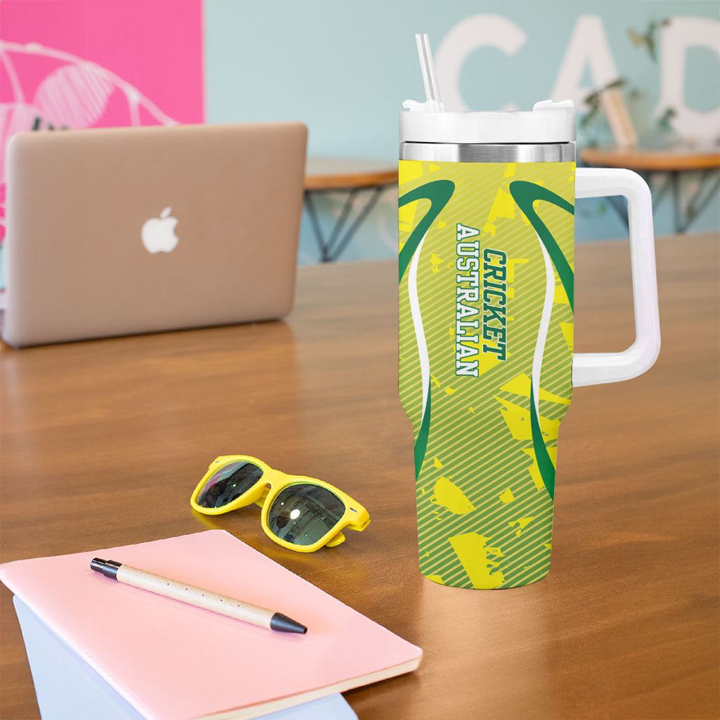 Cricket Australian Tumbler With Handle Map Silhouette With Green And Gold Geometric Pattern