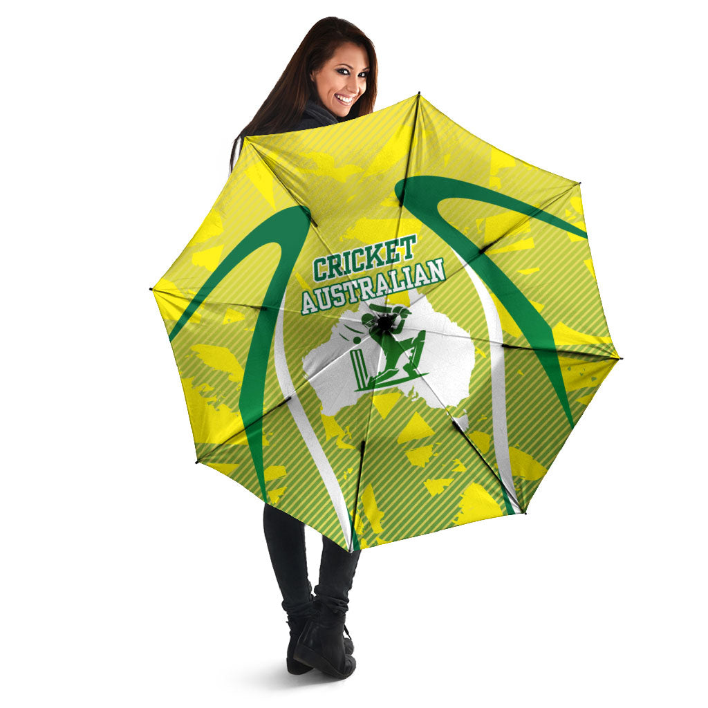 Cricket Australian Umbrella Map Silhouette With Green And Gold Geometric Pattern