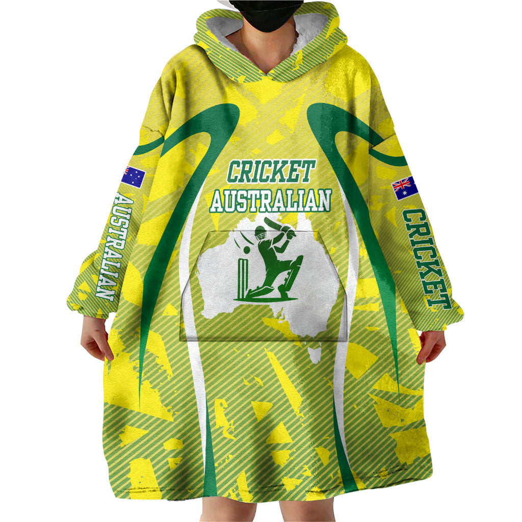Cricket Australian Wearable Blanket Hoodie Map Silhouette With Green And Gold Geometric Pattern