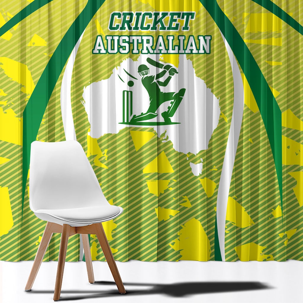 Cricket Australian Window Curtain Map Silhouette With Green And Gold Geometric Pattern