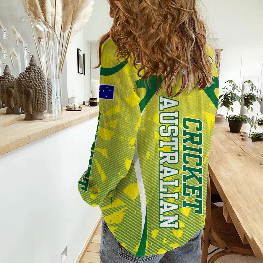 Cricket Australian Women Casual Shirt Map Silhouette With Green And Gold Geometric Pattern