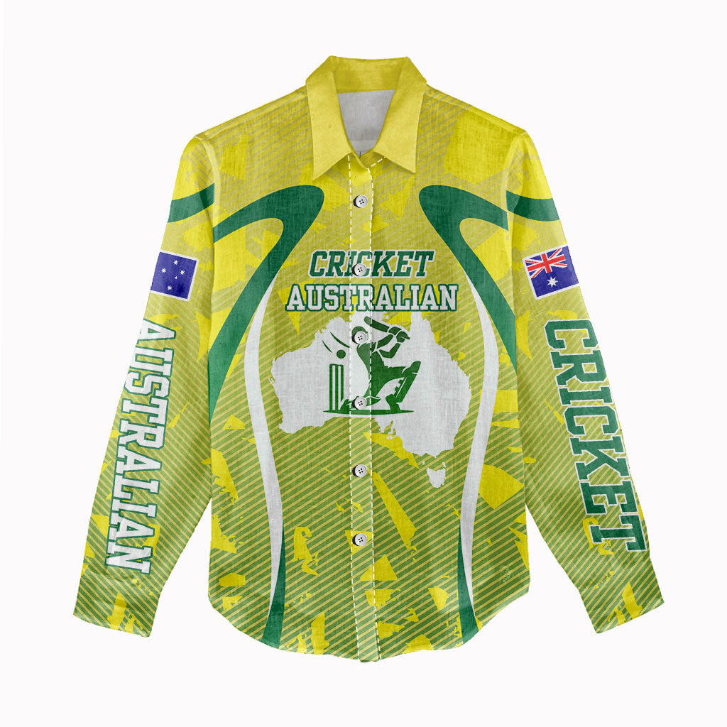 Cricket Australian Women Casual Shirt Map Silhouette With Green And Gold Geometric Pattern