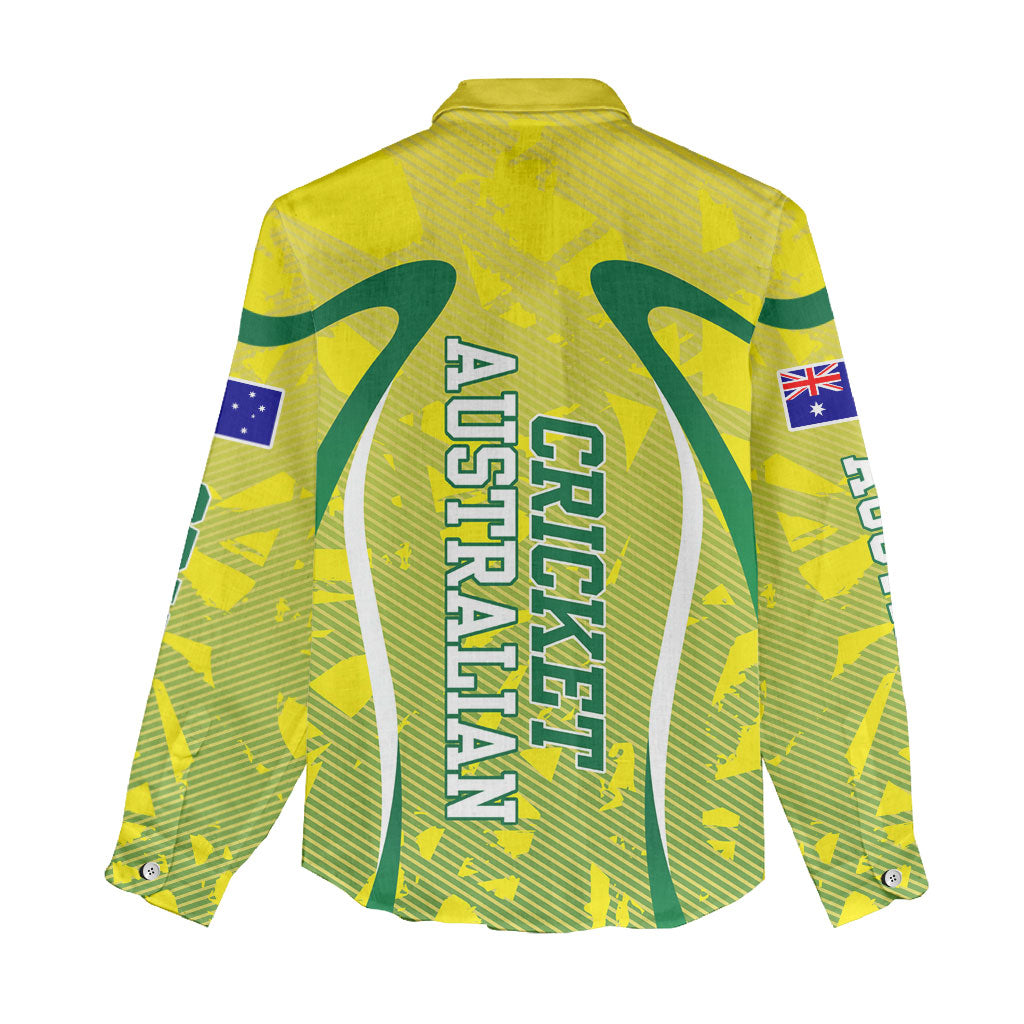 Cricket Australian Women Casual Shirt Map Silhouette With Green And Gold Geometric Pattern