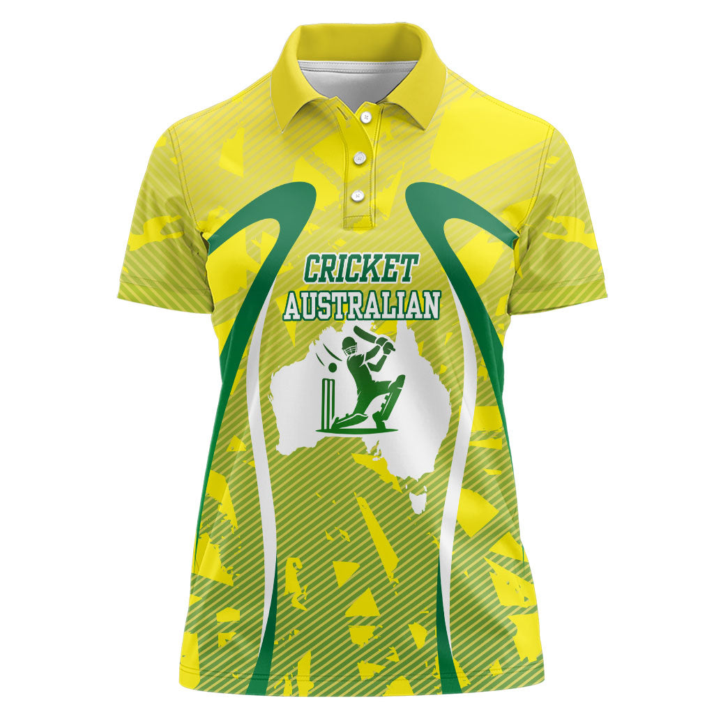 Cricket Australian Women Polo Shirt Map Silhouette With Green And Gold Geometric Pattern