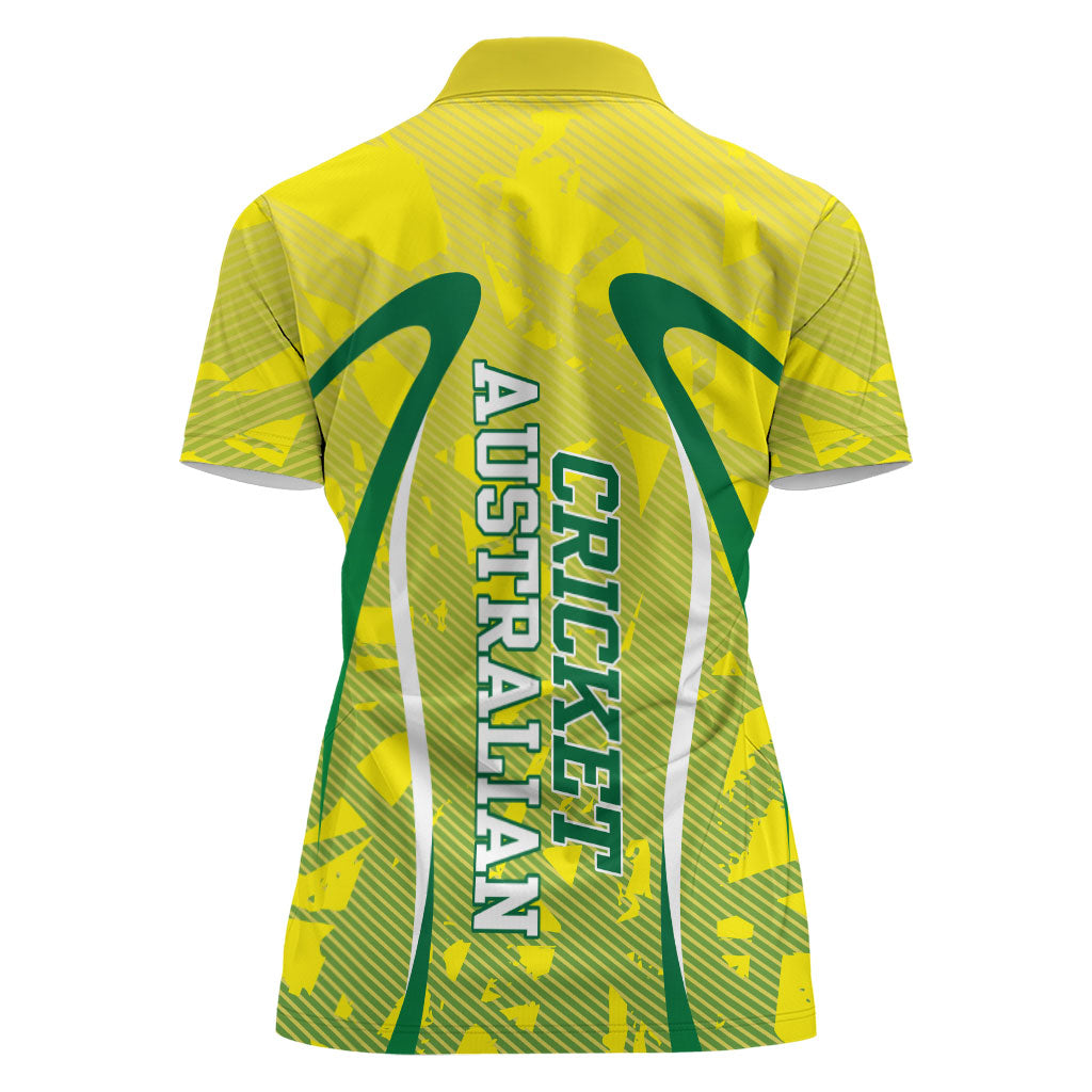 Cricket Australian Women Polo Shirt Map Silhouette With Green And Gold Geometric Pattern