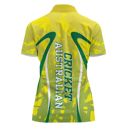 Cricket Australian Women Polo Shirt Map Silhouette With Green And Gold Geometric Pattern