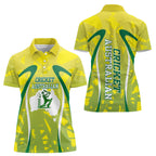 Cricket Australian Women Polo Shirt Map Silhouette With Green And Gold Geometric Pattern