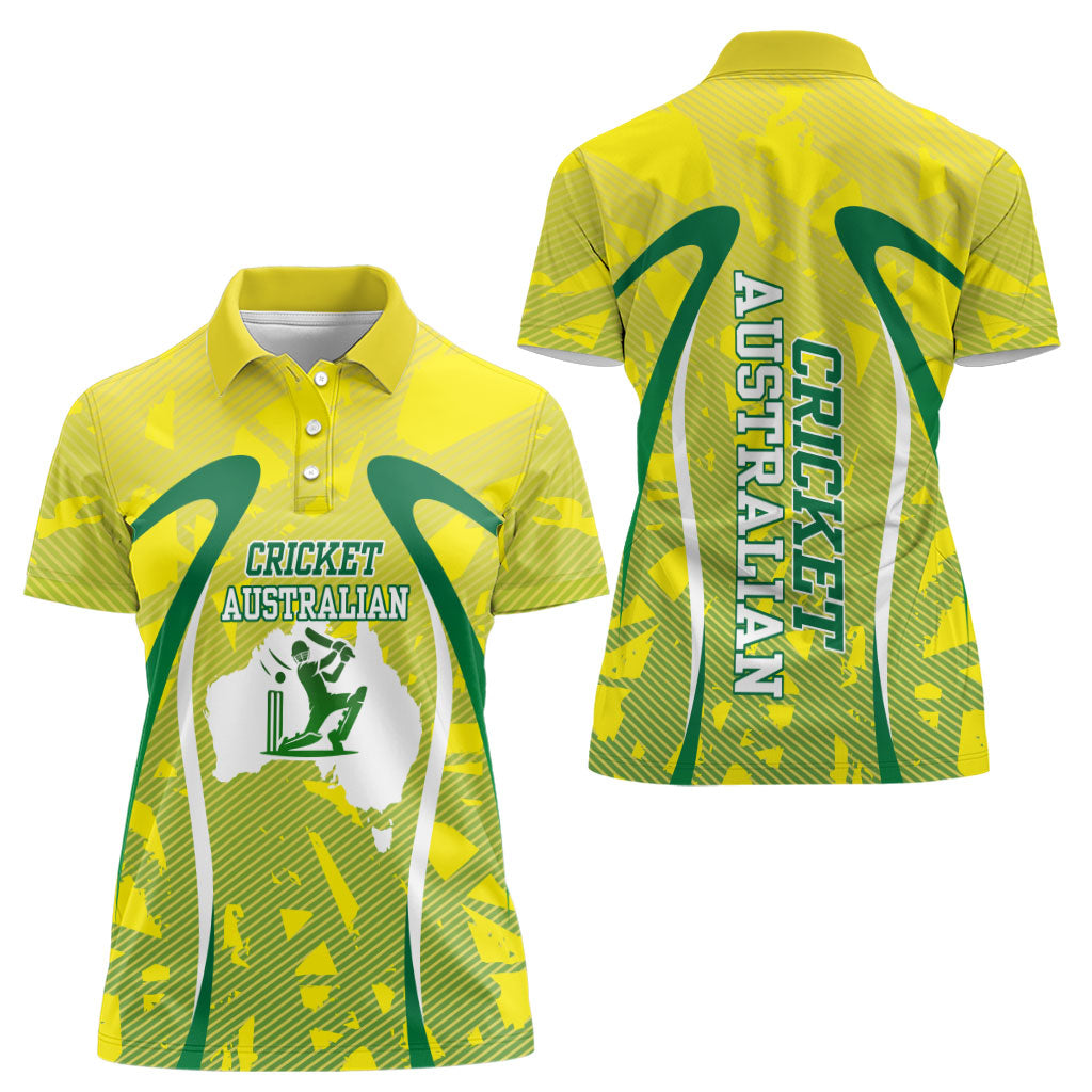 Cricket Australian Women Polo Shirt Map Silhouette With Green And Gold Geometric Pattern