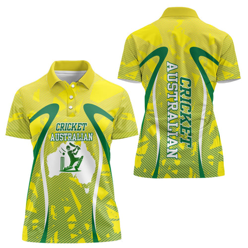 Cricket Australian Women Polo Shirt Map Silhouette With Green And Gold Geometric Pattern