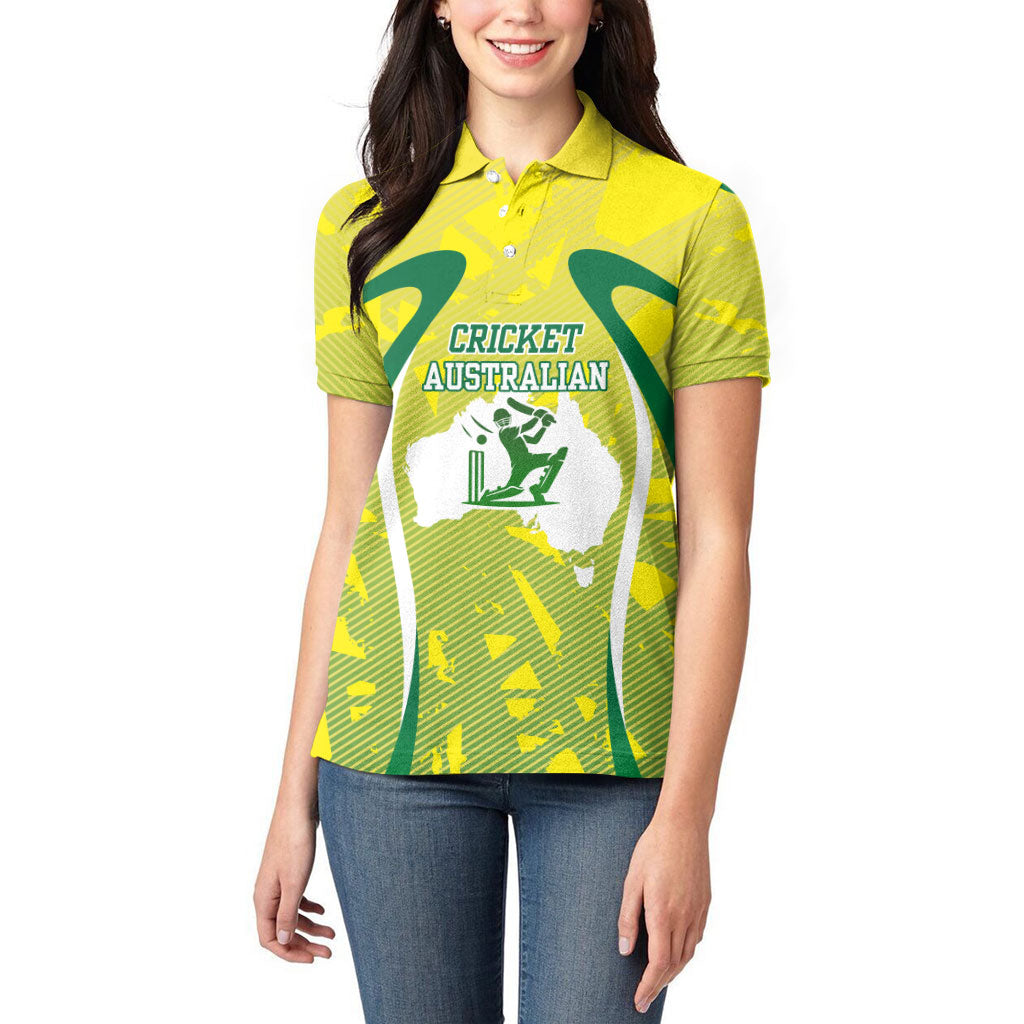 Cricket Australian Women Polo Shirt Map Silhouette With Green And Gold Geometric Pattern