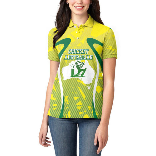 Cricket Australian Women Polo Shirt Map Silhouette With Green And Gold Geometric Pattern