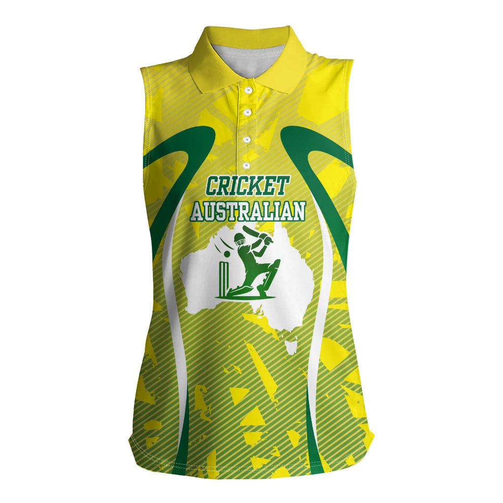 Cricket Australian Women Sleeveless Polo Shirt Map Silhouette With Green And Gold Geometric Pattern