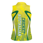 Cricket Australian Women Sleeveless Polo Shirt Map Silhouette With Green And Gold Geometric Pattern