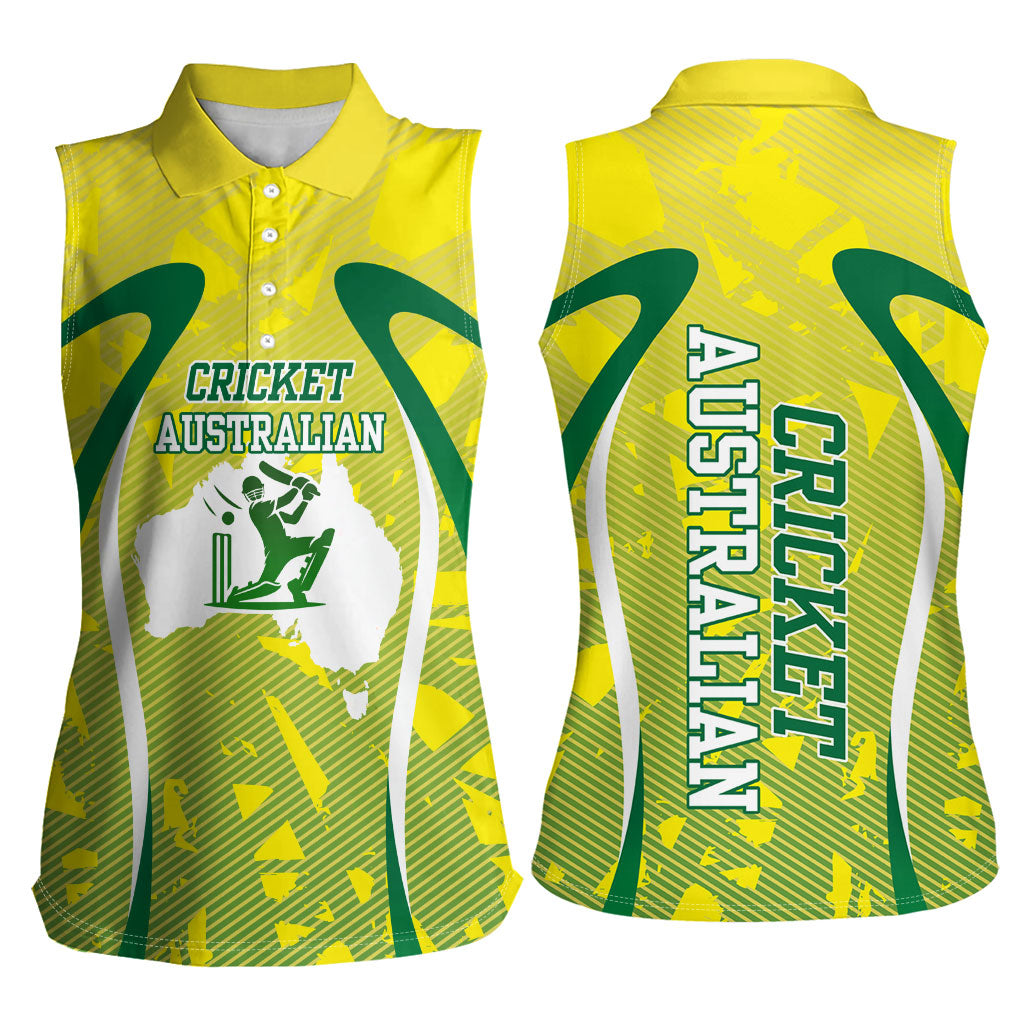 Cricket Australian Women Sleeveless Polo Shirt Map Silhouette With Green And Gold Geometric Pattern