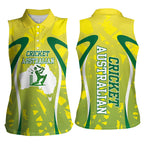 Cricket Australian Women Sleeveless Polo Shirt Map Silhouette With Green And Gold Geometric Pattern