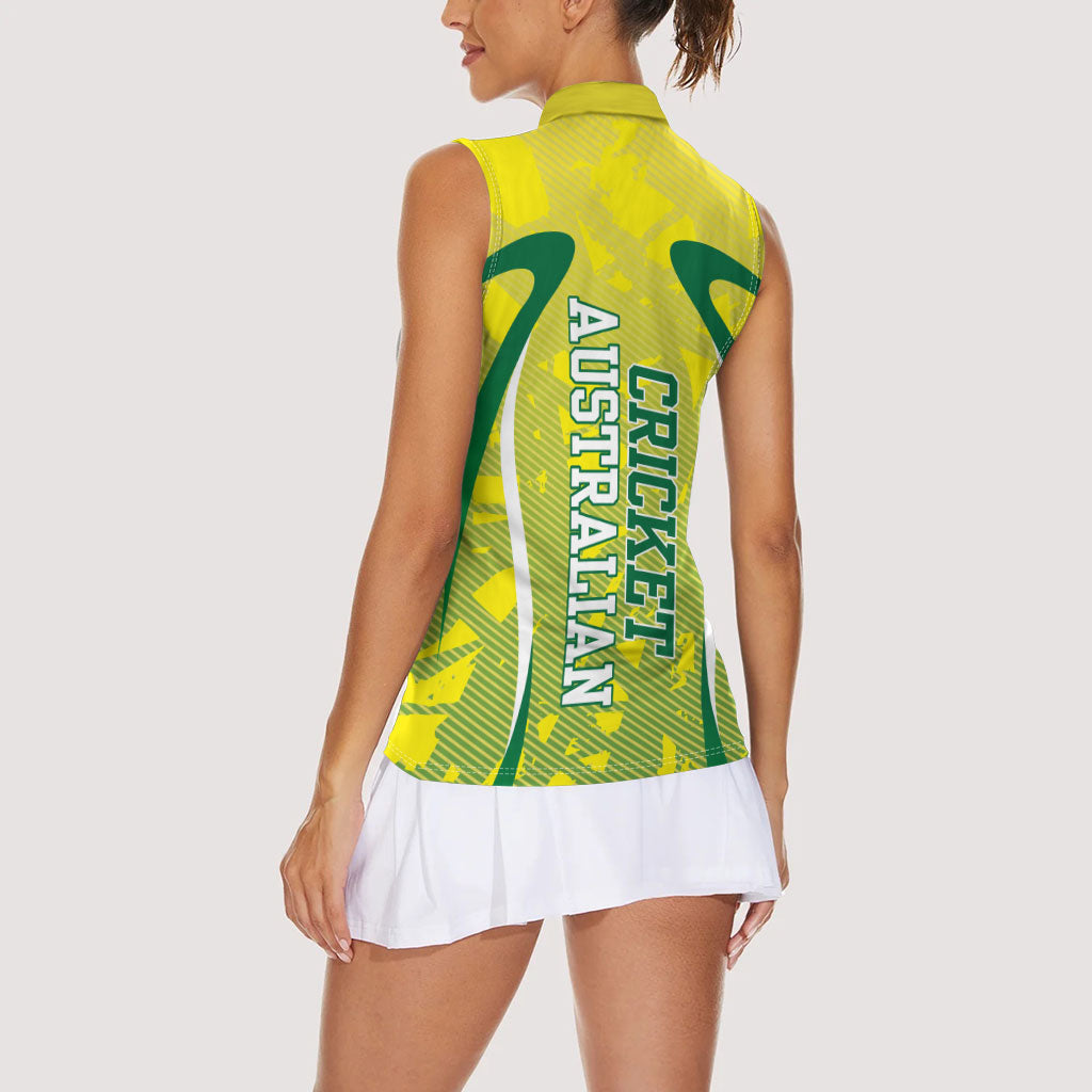 Cricket Australian Women Sleeveless Polo Shirt Map Silhouette With Green And Gold Geometric Pattern