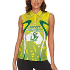 Cricket Australian Women Sleeveless Polo Shirt Map Silhouette With Green And Gold Geometric Pattern
