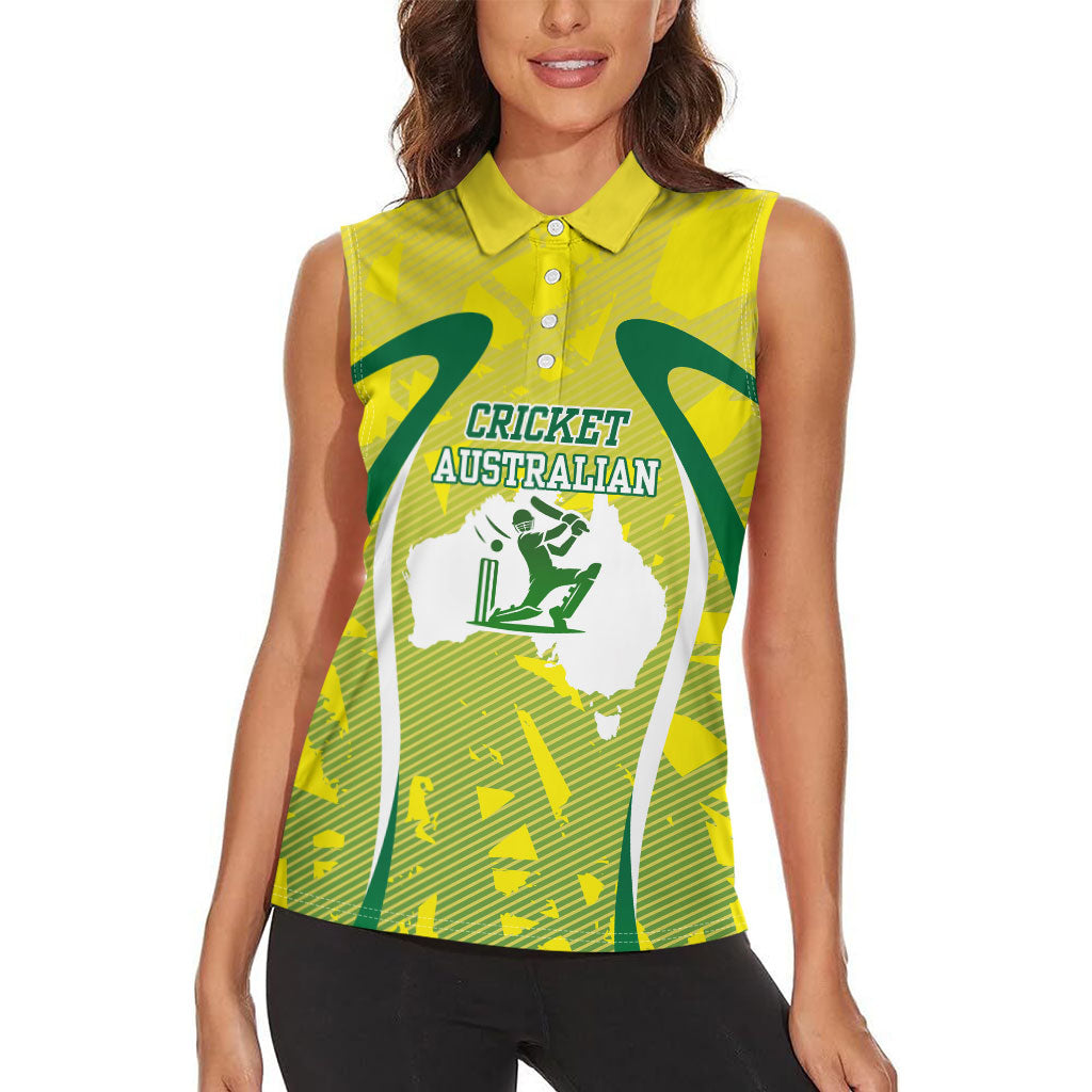 Cricket Australian Women Sleeveless Polo Shirt Map Silhouette With Green And Gold Geometric Pattern