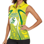 Cricket Australian Women Sleeveless Polo Shirt Map Silhouette With Green And Gold Geometric Pattern