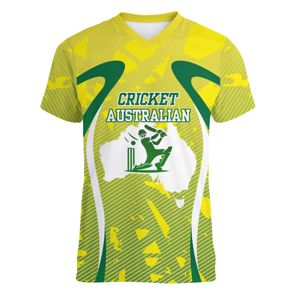 Cricket Australian Women V-Neck T-Shirt Map Silhouette With Green And Gold Geometric Pattern
