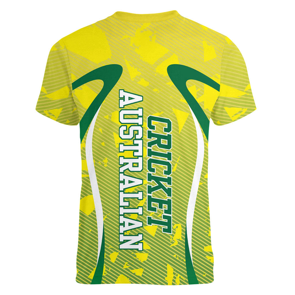 Cricket Australian Women V-Neck T-Shirt Map Silhouette With Green And Gold Geometric Pattern
