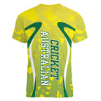 Cricket Australian Women V-Neck T-Shirt Map Silhouette With Green And Gold Geometric Pattern