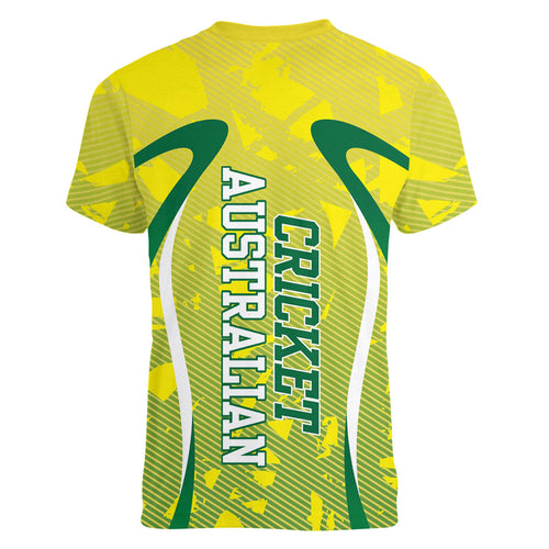 Cricket Australian Women V-Neck T-Shirt Map Silhouette With Green And Gold Geometric Pattern