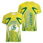 Cricket Australian Women V-Neck T-Shirt Map Silhouette With Green And Gold Geometric Pattern