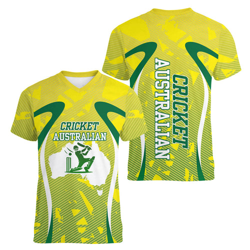 Cricket Australian Women V-Neck T-Shirt Map Silhouette With Green And Gold Geometric Pattern