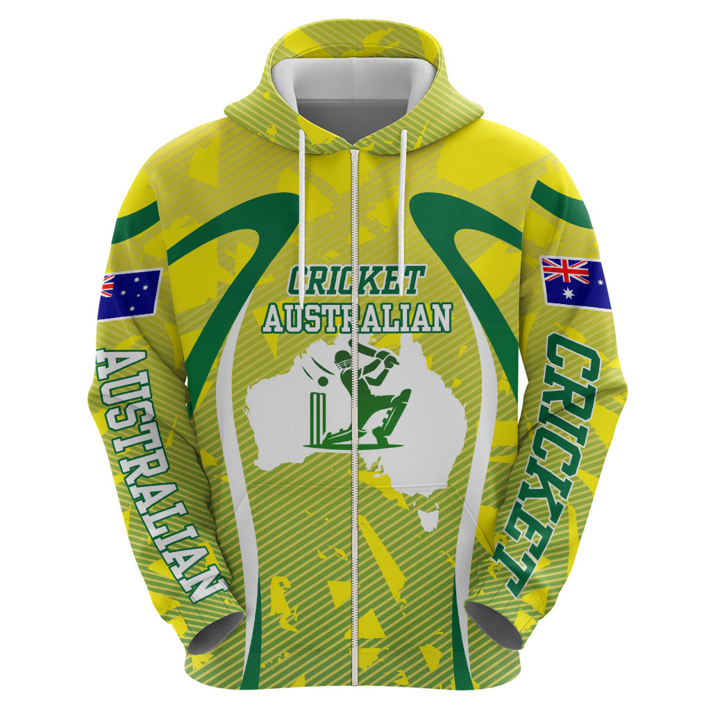 Cricket Australian Zip Hoodie Map Silhouette With Green And Gold Geometric Pattern