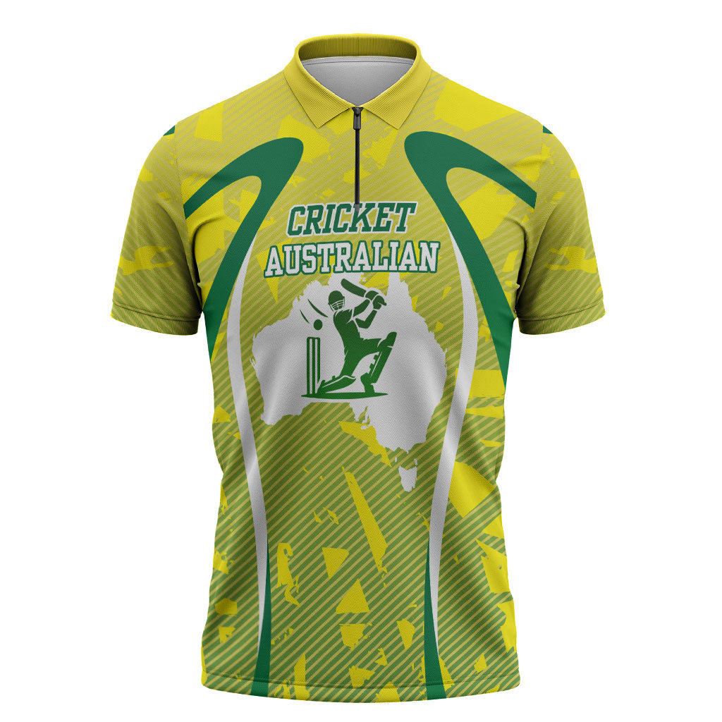 Cricket Australian Zipper Polo Shirt Map Silhouette With Green And Gold Geometric Pattern
