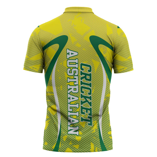 Cricket Australian Zipper Polo Shirt Map Silhouette With Green And Gold Geometric Pattern