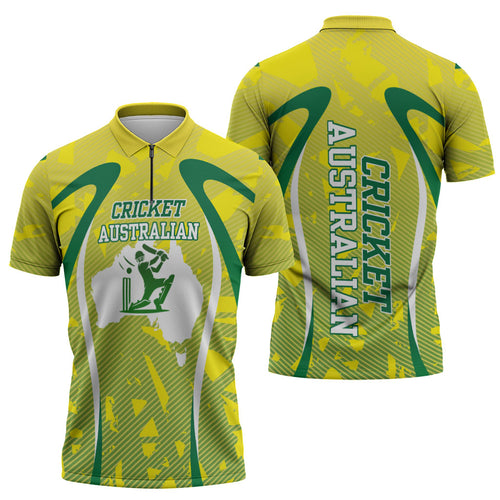 Cricket Australian Zipper Polo Shirt Map Silhouette With Green And Gold Geometric Pattern