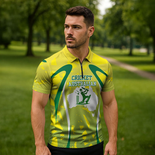Cricket Australian Zipper Polo Shirt Map Silhouette With Green And Gold Geometric Pattern